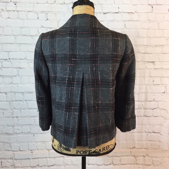 Tahari Gray Pink Plaid Short Jacket Wool Blend - Picture 4 of 6